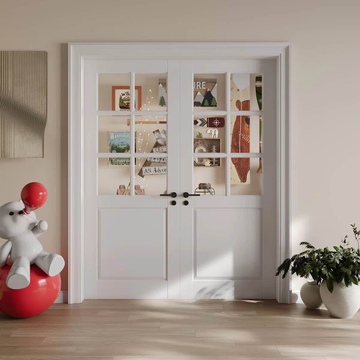 Condition photo showing New/Like New for 6-lite frosted glass french door solid wood manufacture interior double bathroom door