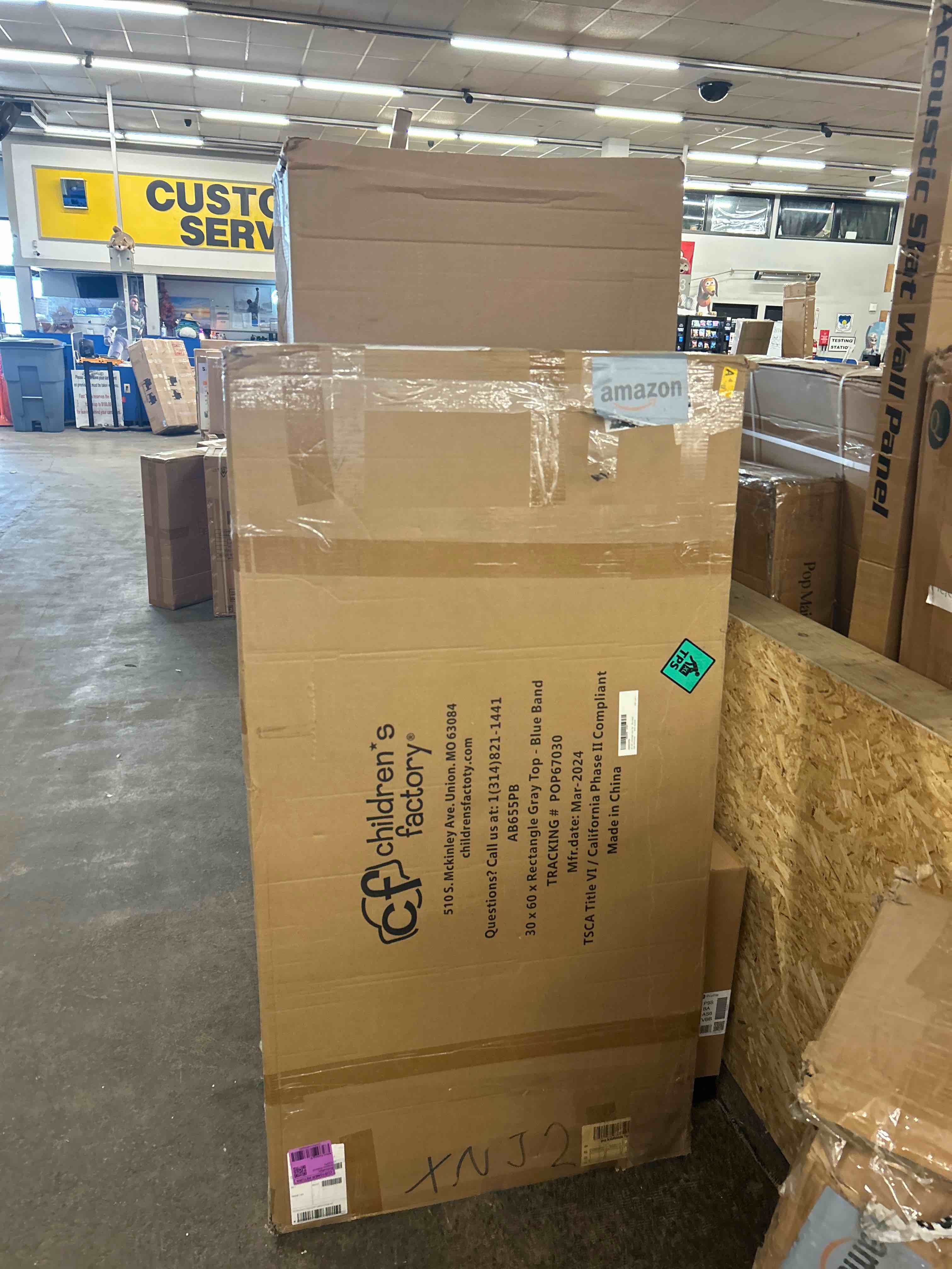 Condition photo showing New/Like New for angeles as we grow 30 x 60 rectangle table top, laminate dry-erase surface perfect for use as kids table or toddler table in classrooms, preschools, and daycares, gray top with blue banding