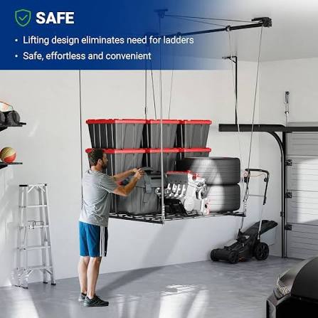Condition photo showing New/Like New for fleximounts gl1 overhead garage lifting storage rack, 4x4 ft heavy-duty metal garage ceiling rack, adjustable organization system, 300lbs weight, black