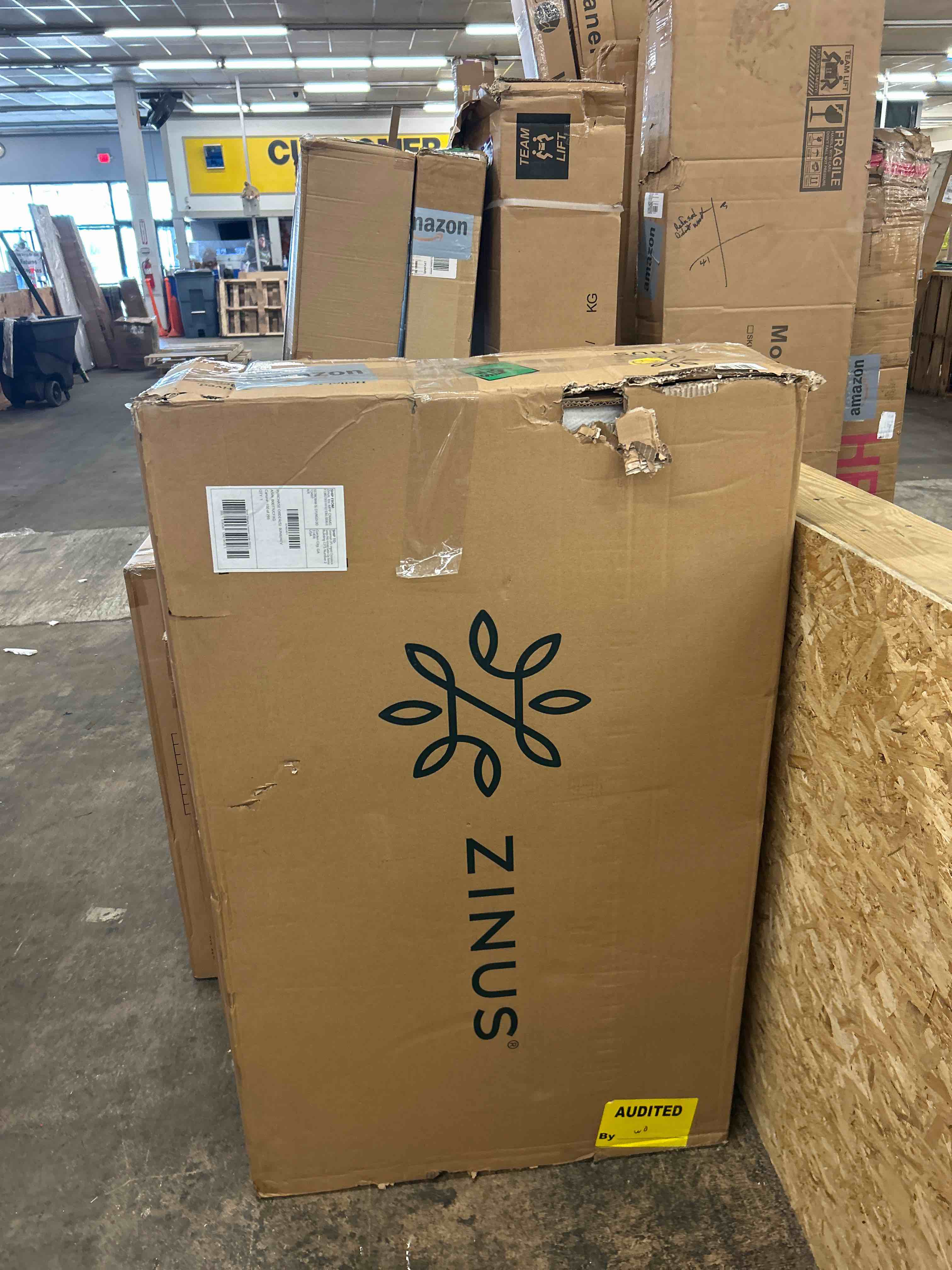 Condition photo showing New/Like New for zinus 9 inch box spring with cover, no assembly mattress foundation, sturdy metal structure, split queen, white