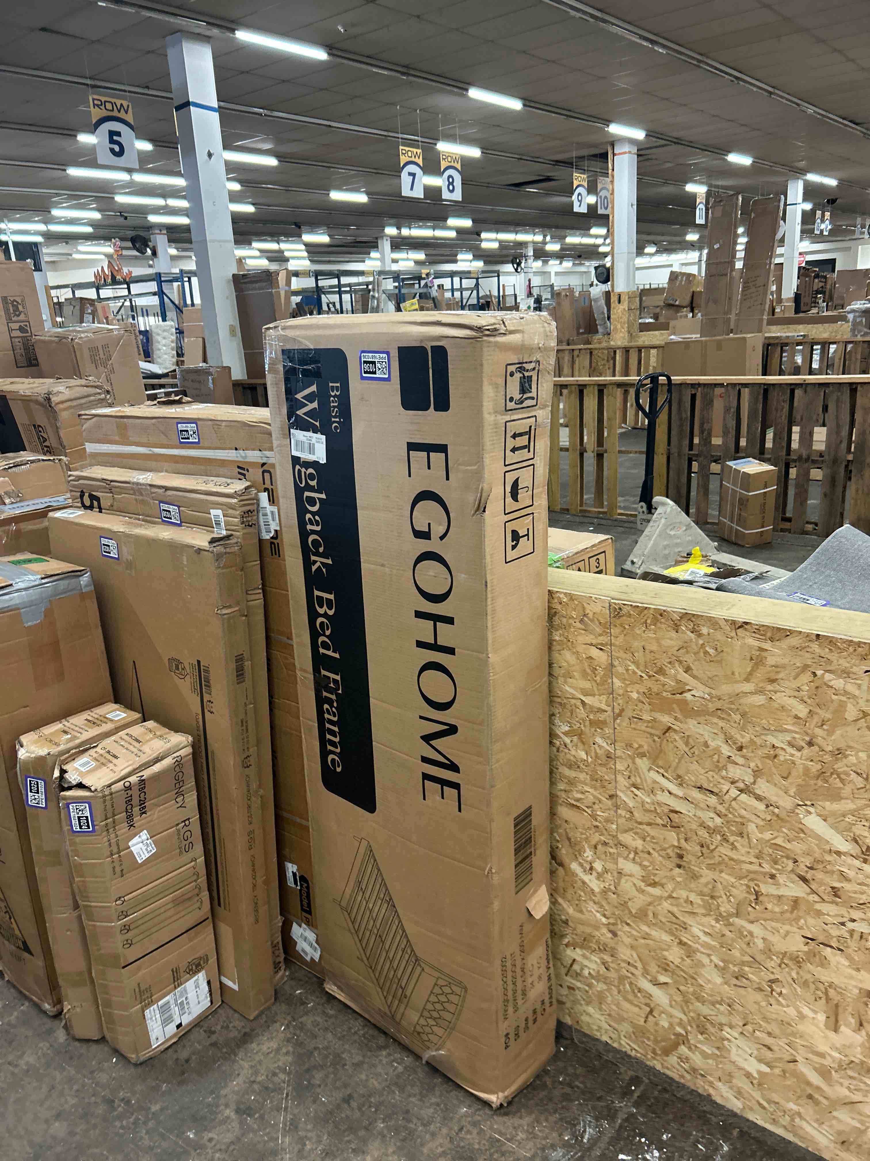 Condition photo showing New/Like New for egohome queen bed frame beige, upholstered wingback headboard with underbed space, sturdy metal frame w/extra support legs, effortless assembly via ratchet wrench, no box spring required