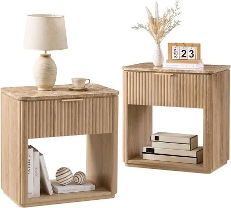 Condition photo showing New/Like New for fluted nightstand set of 2, bedside table with faux marble-top, engineered wood side table with drawer open shelf, curved corners, modern night stand for bedroom, small spaces, natural oak