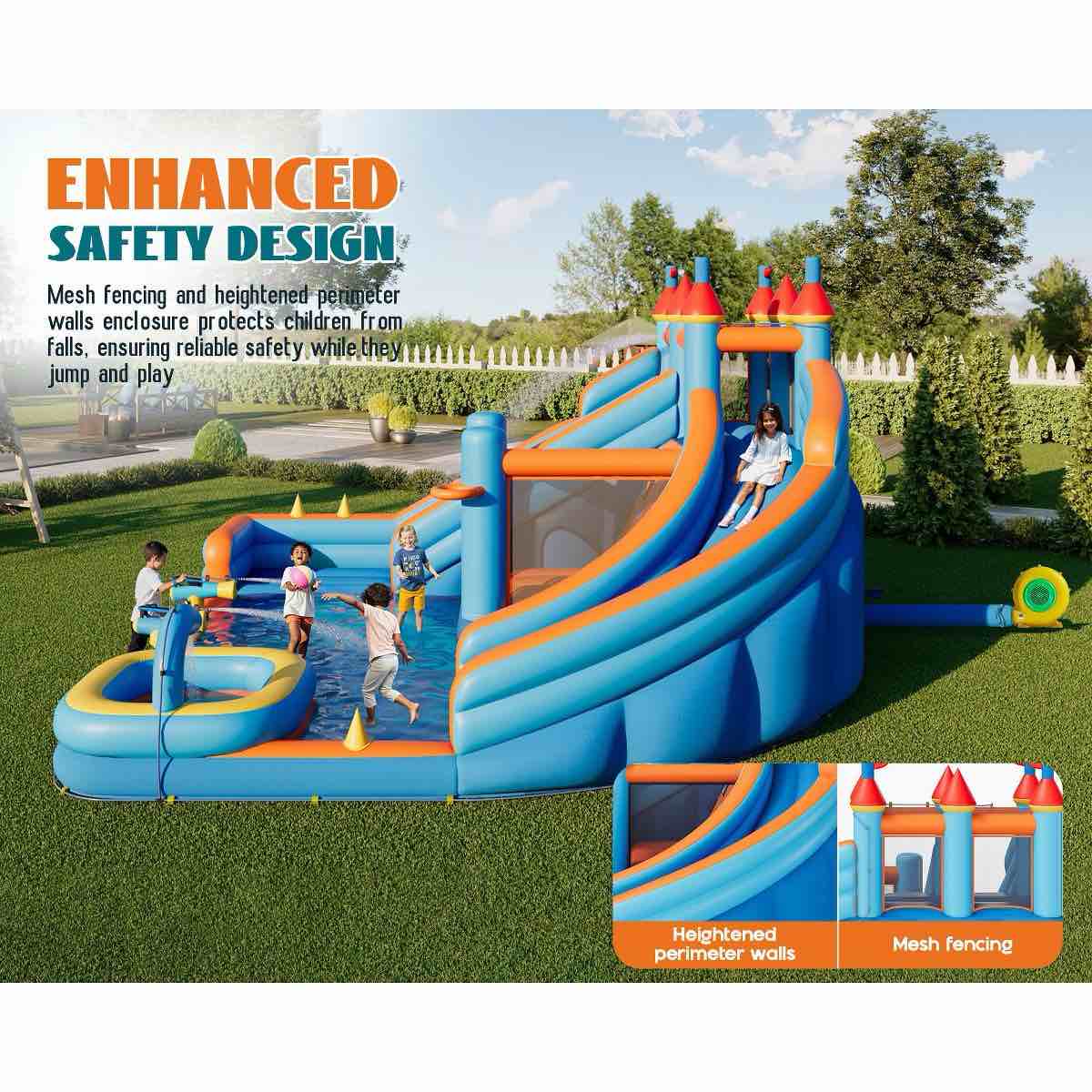 Condition photo showing New/Like New for bounce house, inflatable bouncer with air blower, jumping castle with slide