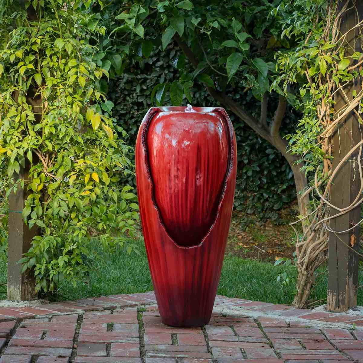 Condition photo showing New/Like New for outdoor vintage cascading antique jar water fountain with led lights — garden, patio & yard décor — red finish
