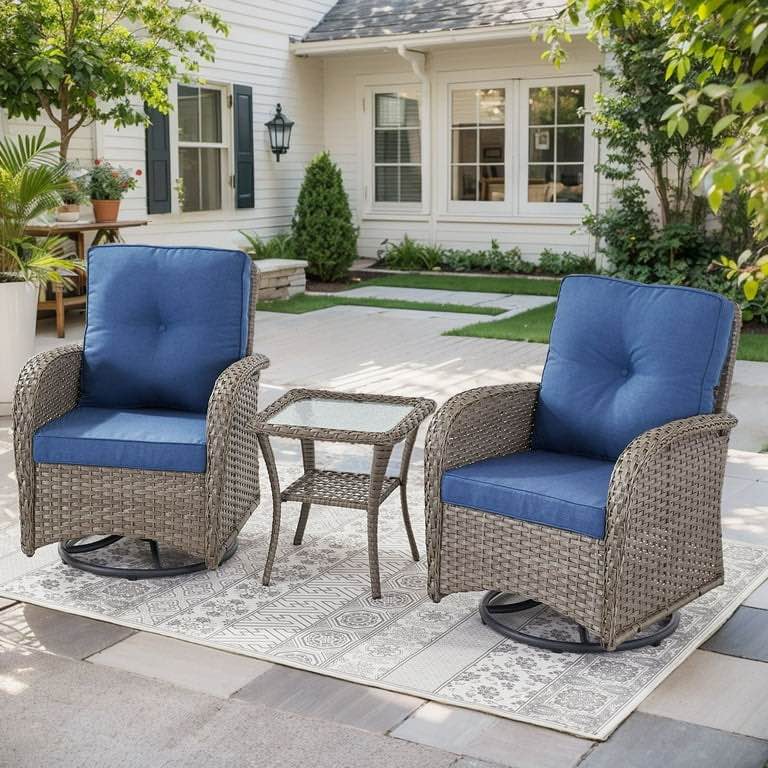 Condition photo showing New/Like New for 3-piece powder coated steel outdoor bistro sets with 2 swivel rocking chairs and glass top side table for porch backyard, gray/blue
