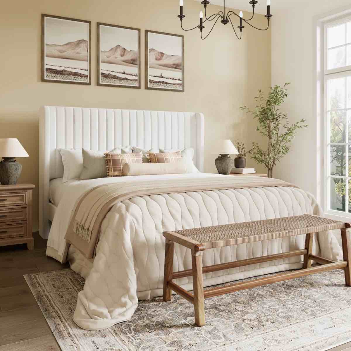 Condition photo showing New/Like New for queen candler velvet upholstered platform bed with wingback headboard