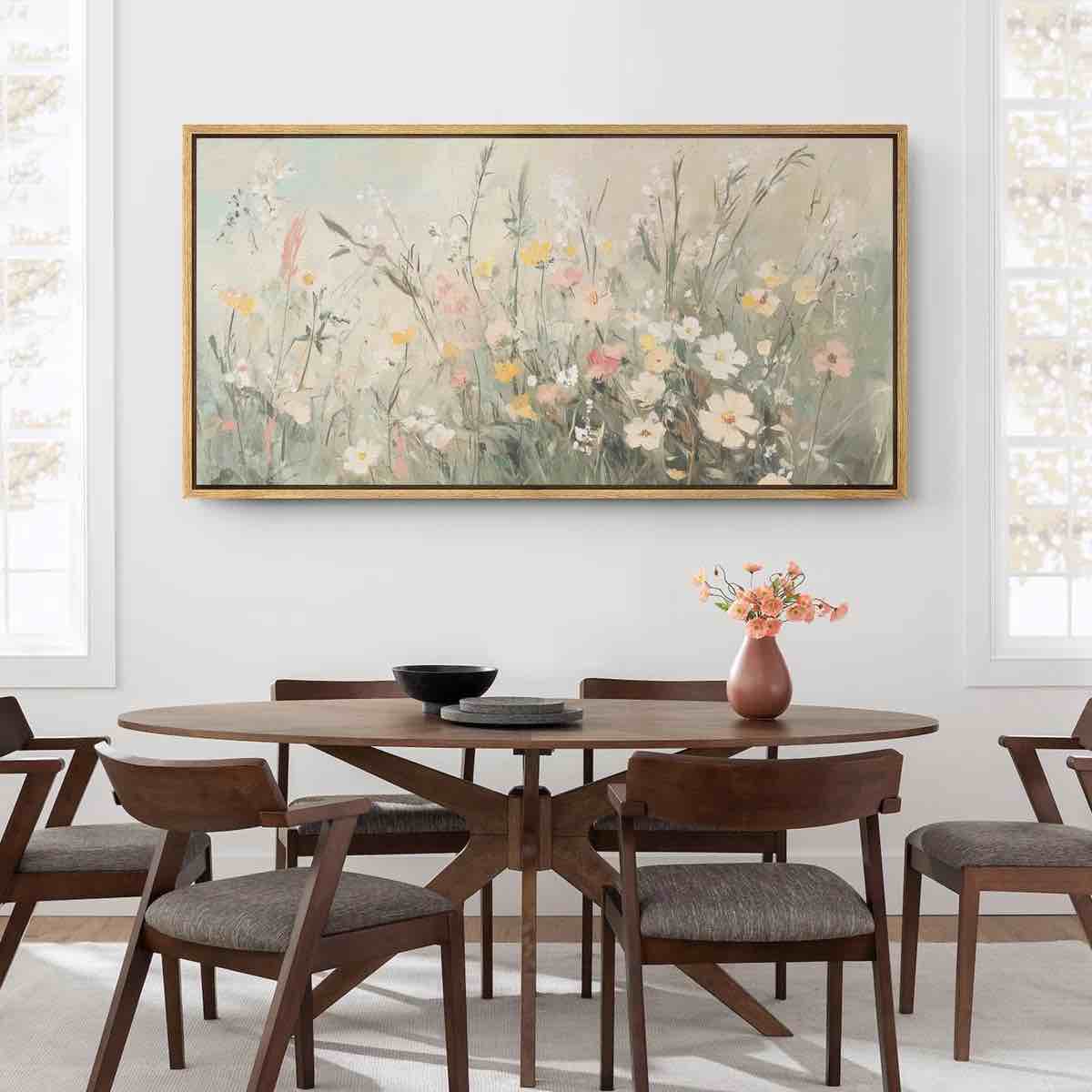 Condition photo showing New/Like New for muted green wildflowers floral artwork, living room wall pictures, giclee canvas digital print extra large framed wall art