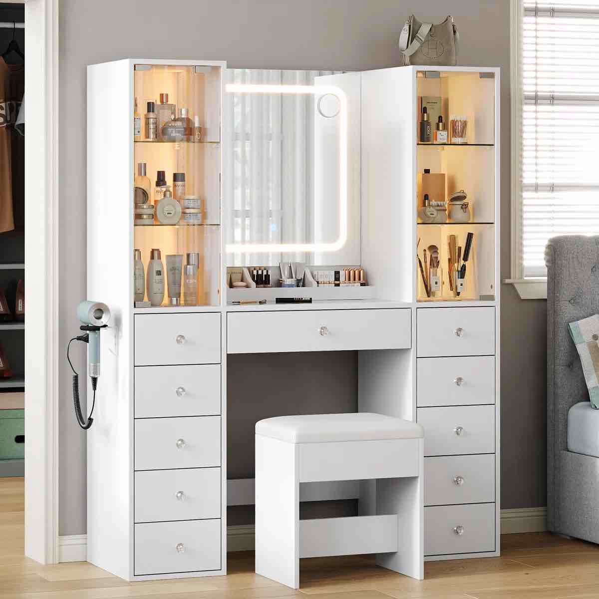11 drawers makeup vanity with charging station, vanity desk with led mirror & 2 glass cabinet, 3 color modes, brightness adjustable, vanity set with glass top , makeup table with chair for bedroom