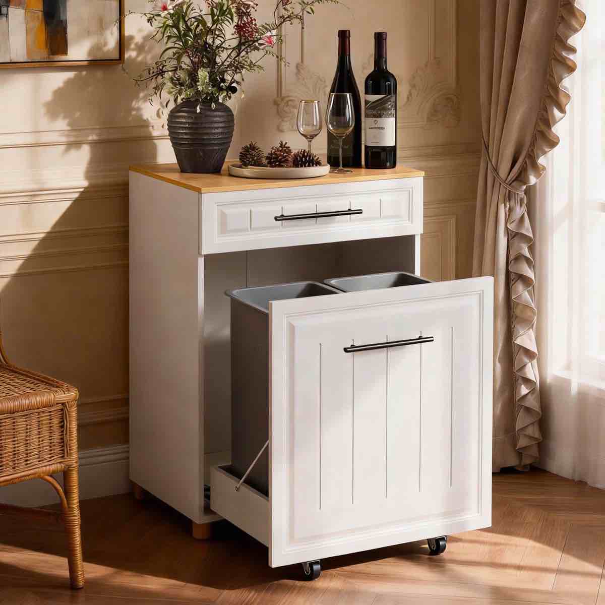 double pull out trash can cabinet for 2×10 gallon bins, pet proof hidden trash bin cabinet with drawer, freestanding wooden garbage recycling & laundry hamper for kitchen, laundry, living room