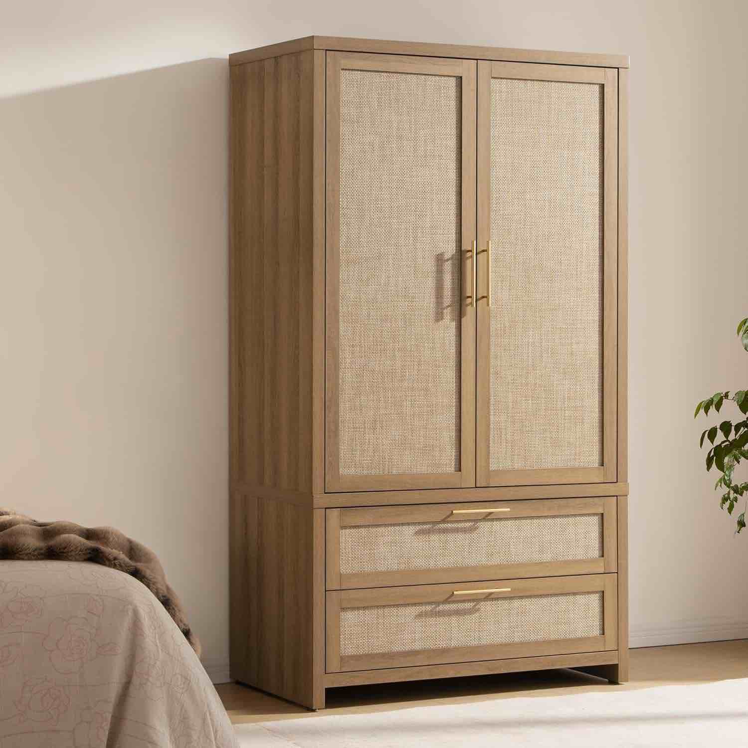 bohemian - inspired rattan armoire with adjustable shelves, multi - functional storage cabinet with 2-door and 2-drawer