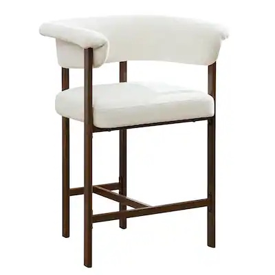 modern upholstered counter height bar stool with a distinctive u-shaped backrest and integrated armrests.