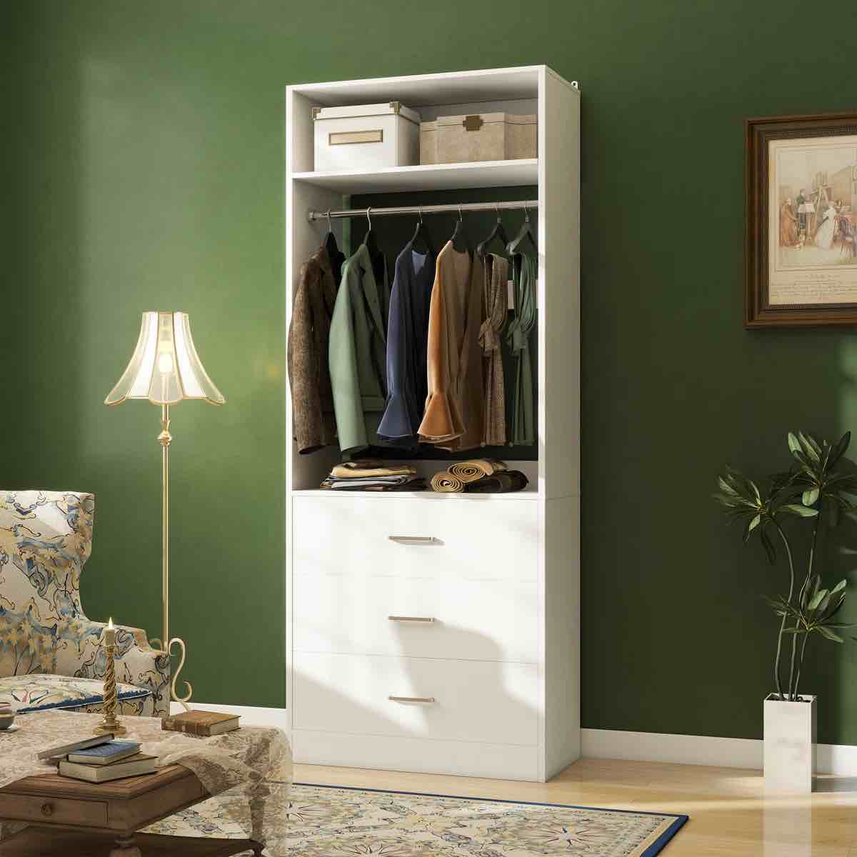 freestanding closet system with 3 wood drawers