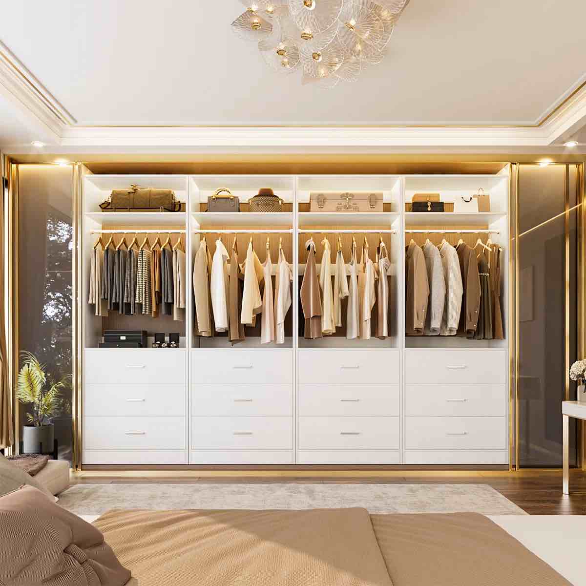 Condition photo showing New/Like New for freestanding closet system with 3 wood drawers