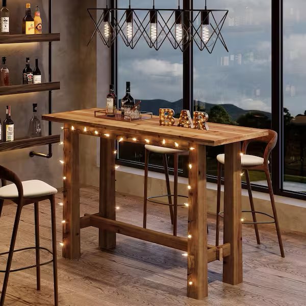 Condition photo showing New/Like New for kearsten 39.4 in. h long bar table with 4-legs and footrst, brown wood pub table for bars, kitchen, restaurants