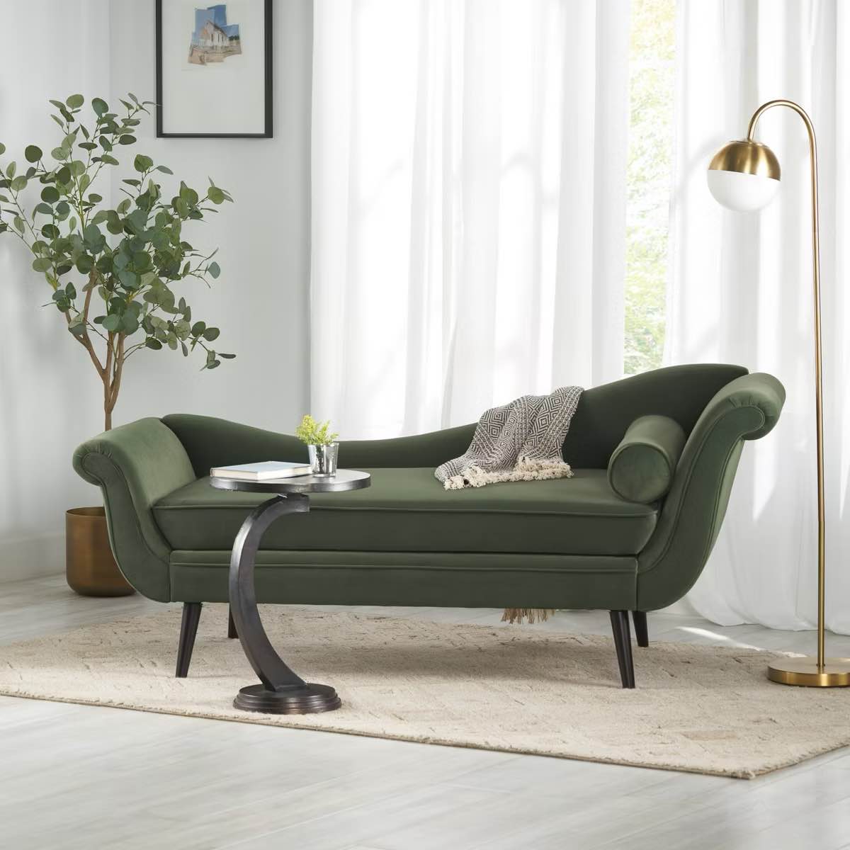 Condition photo showing New/Like New for mid-century upholstered chaise lounge with bolster pillow, classic tufted daybed velvet curved accent sofa, sage green - modernluxe