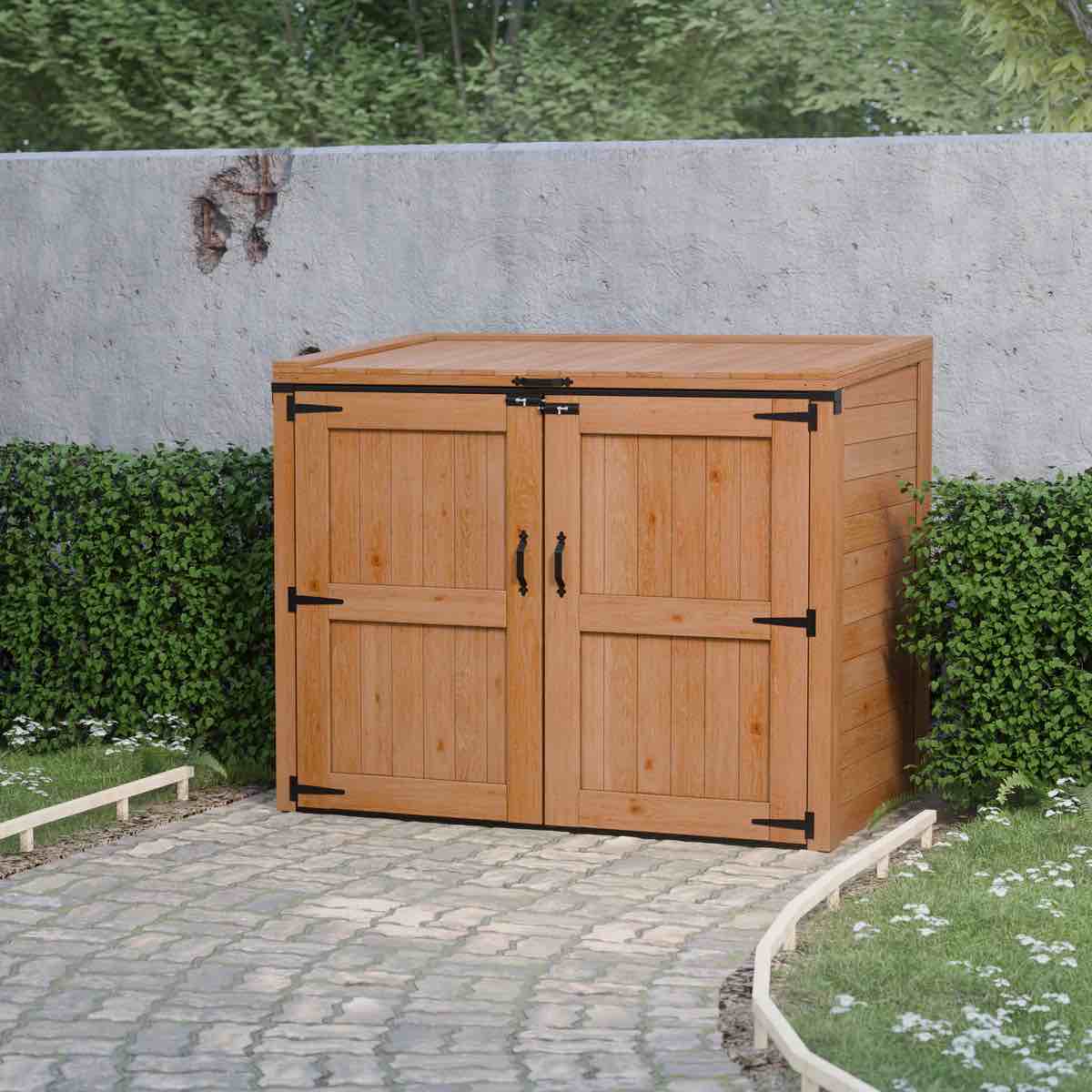 Condition photo showing New/Like New for 64 in. w x 38 in. d x 53 in. h medium trash can storage and recycling heavy duty cedar wood shed (18 sq. ft. )
