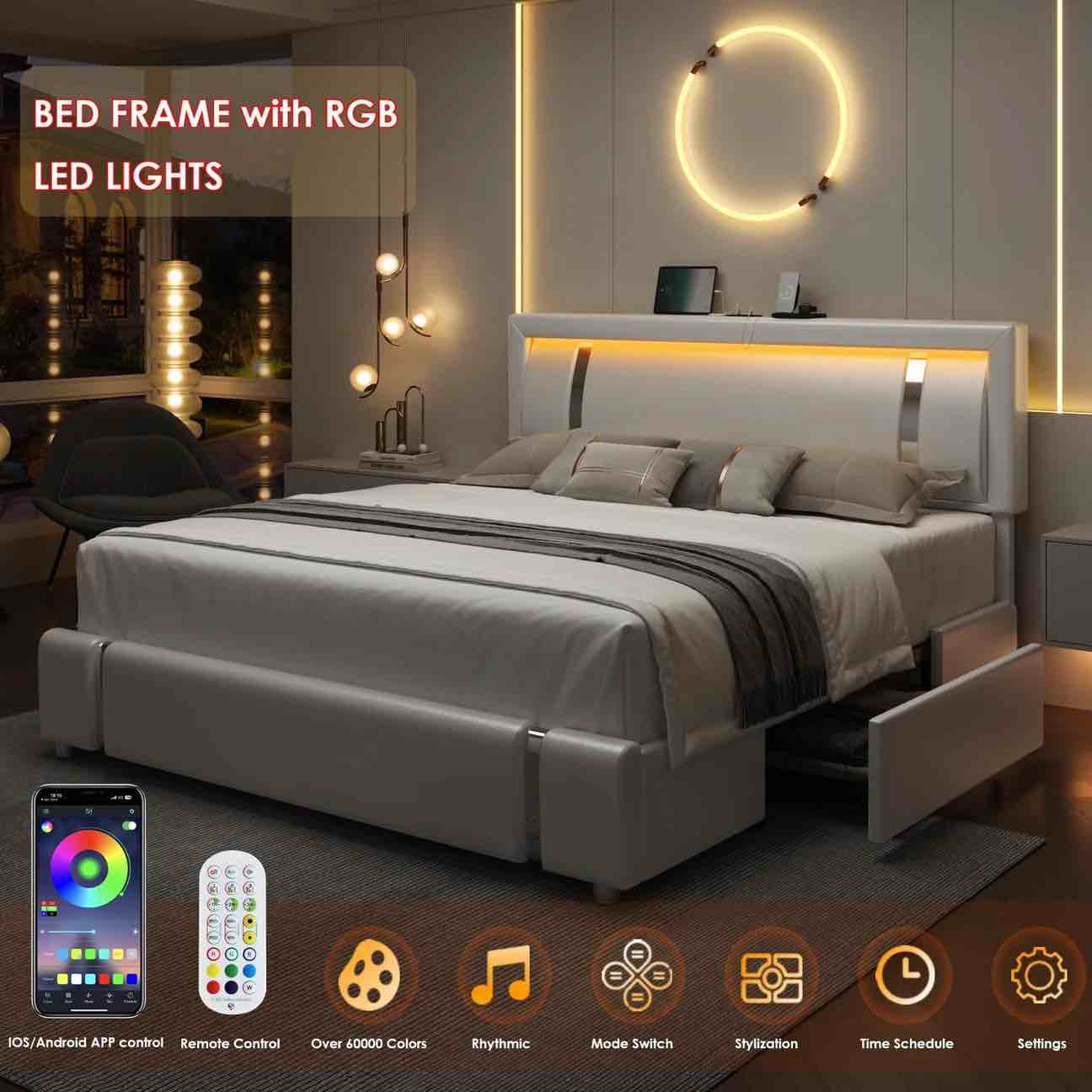 Condition photo showing New/Like New for keyluv queen bed frame with rgb led lights headboard & 2 storage drawers, modern upholstered faux leather smart platform iron metal decor, usb usb-c charging ports, no box spring needed, white