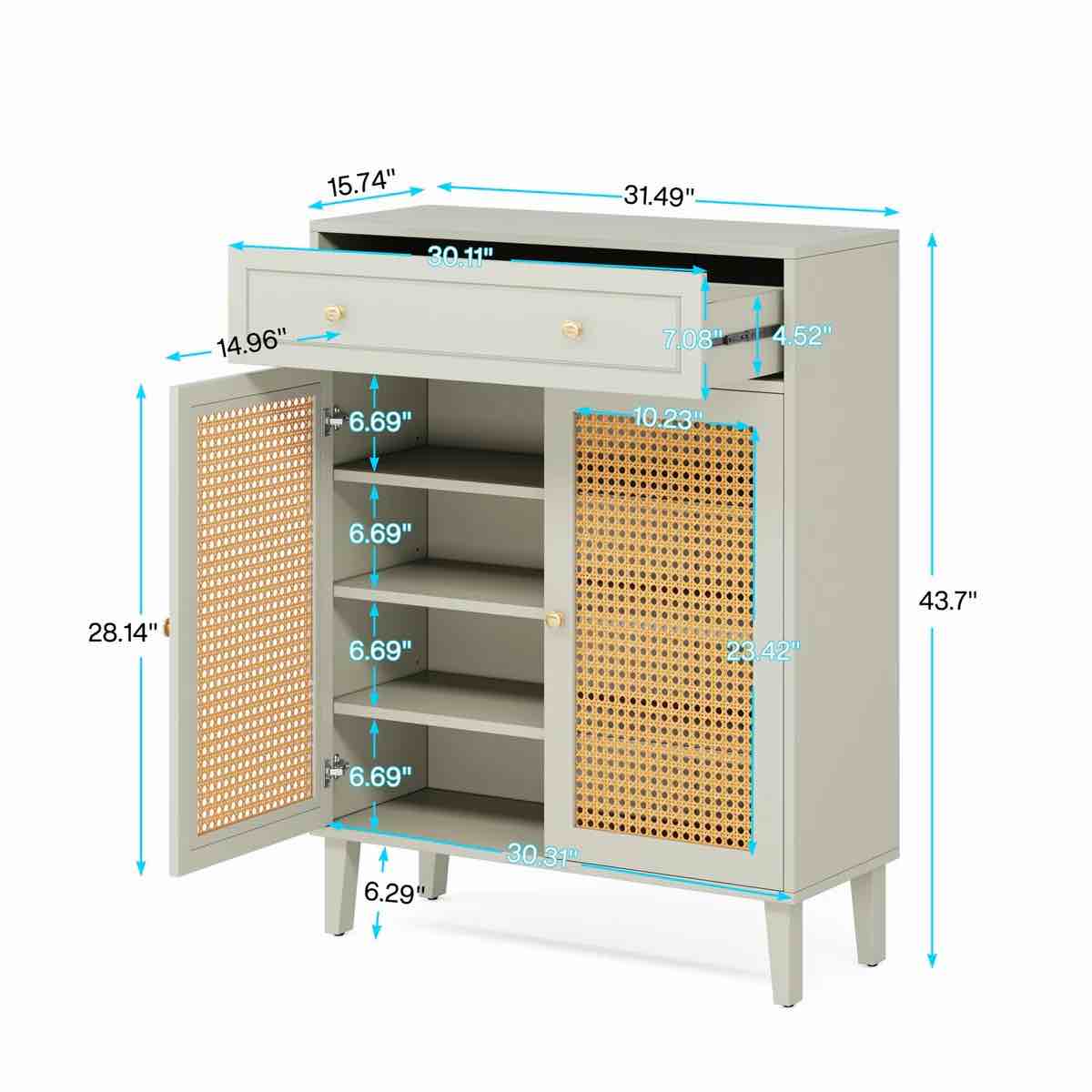 Condition photo showing New/Like New for wooden shoe cabinet, rattan shoe organizer with doors and drawer