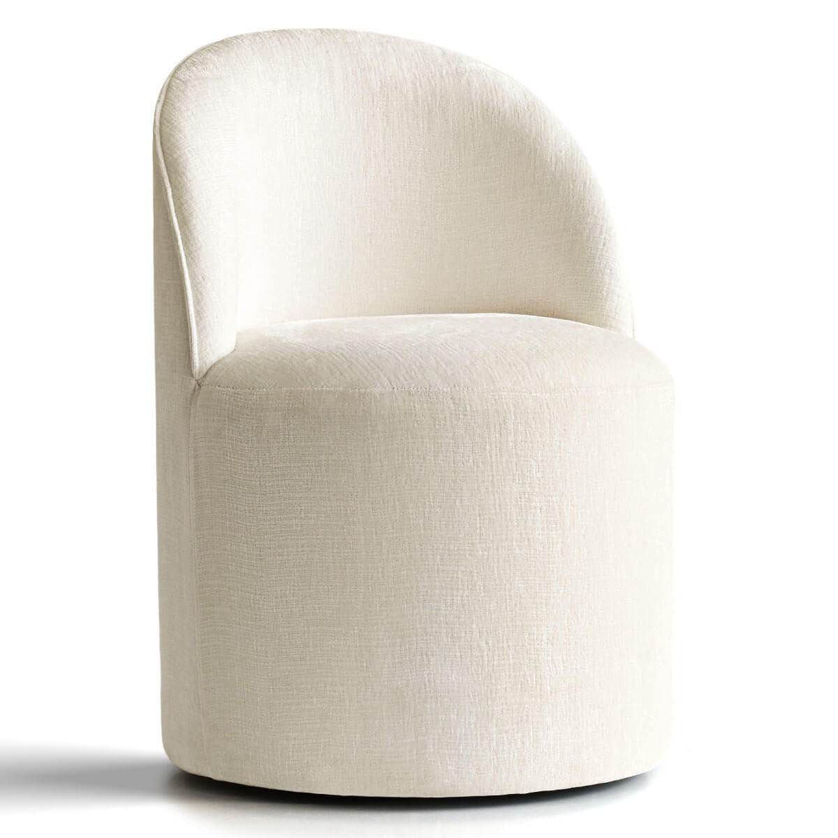 Condition photo showing New/Like New for rolling chenille upholstered dining chair with hidden casters