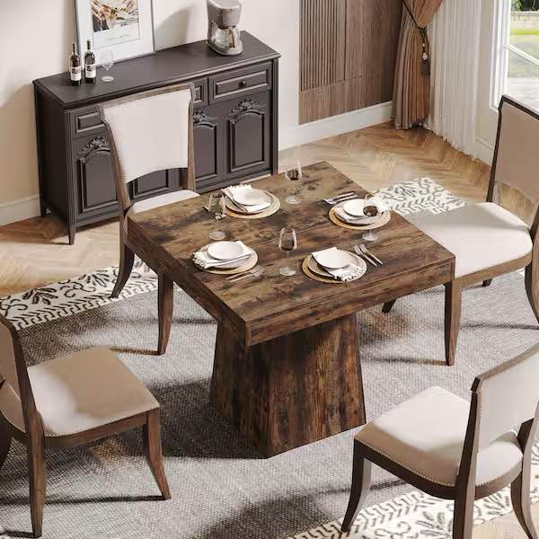 Condition photo showing New/Like New for halseey 31.5 in vintage brown square wood pedestal dining table, small dinner kitchen table for 4