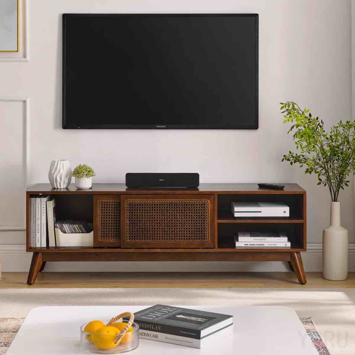 Condition photo showing New/Like New for 59-inch walnut tv stand with a built-in charging station