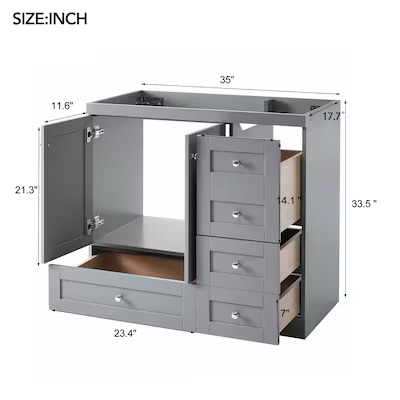 Condition photo showing New/Like New for 35-in bathroom vanity cabinet 4 drawers freestanding shaker soft close for medium bathrooms storage vanity daily use gray