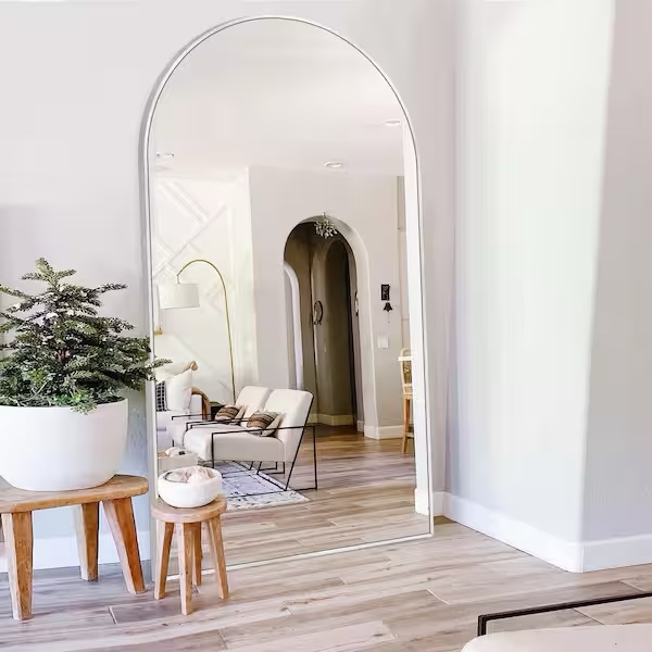 Condition photo showing New/Like New for 32 in. w x 71 in. h oversized aluminum alloy arch full length sliver wall mounted/standing mirror floor mirror