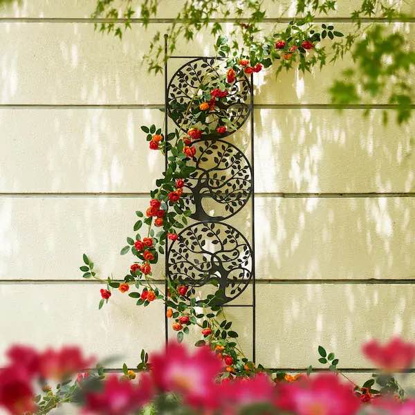 Condition photo showing New/Like New for 48 "h metal tree of life garden trellis, garden stakes (kd)