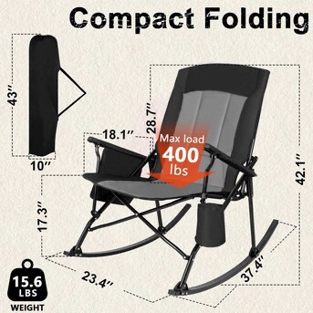Condition photo showing New/Like New for sunspire outdoor xl black rocker portable folding rocking chairs and high back camping chair 2 pack