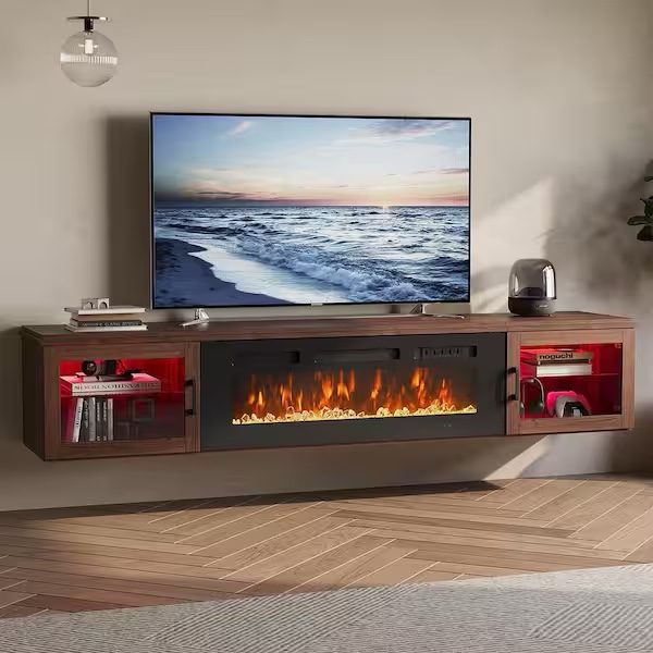 Condition photo showing New/Like New for 70 in. wall mount modern electric fireplace tv stand with open storage shelves in brown ( fireplace only )