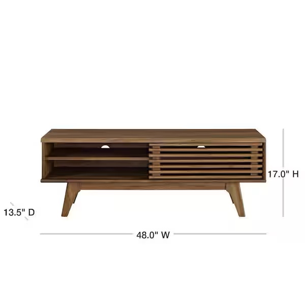 Condition photo showing New/Like New for render 48 in. walnut wood tv stand fits tvs up to 52 in. with storage doors
