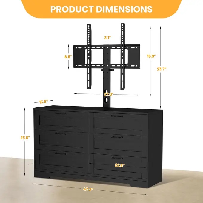 Condition photo showing New/Like New for phk_35x4b84m garvee tv stand with mount and 6 drawers storage for 32-85 inch tvs, black wood media console for living room and bedroom, height adjustable