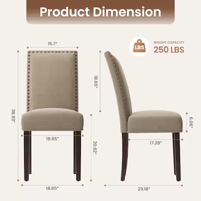Condition photo showing New/Like New for colamy set of 2 camel upholstered dining chair with nailhead trim and solid wood legs