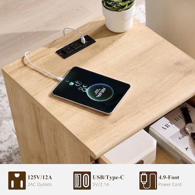 Condition photo showing New/Like New for okd 18 inch modern night stand with arched panel wooden nightstand with charging station and drawer storage bedside end table with open shelf