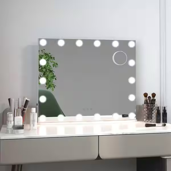 Condition photo showing New/Like New for hollywood vanity mirror, 18 dimmable led bulbs, 3 color modes + 4 brightness, 3x magnifier, tabletop or wall-mount