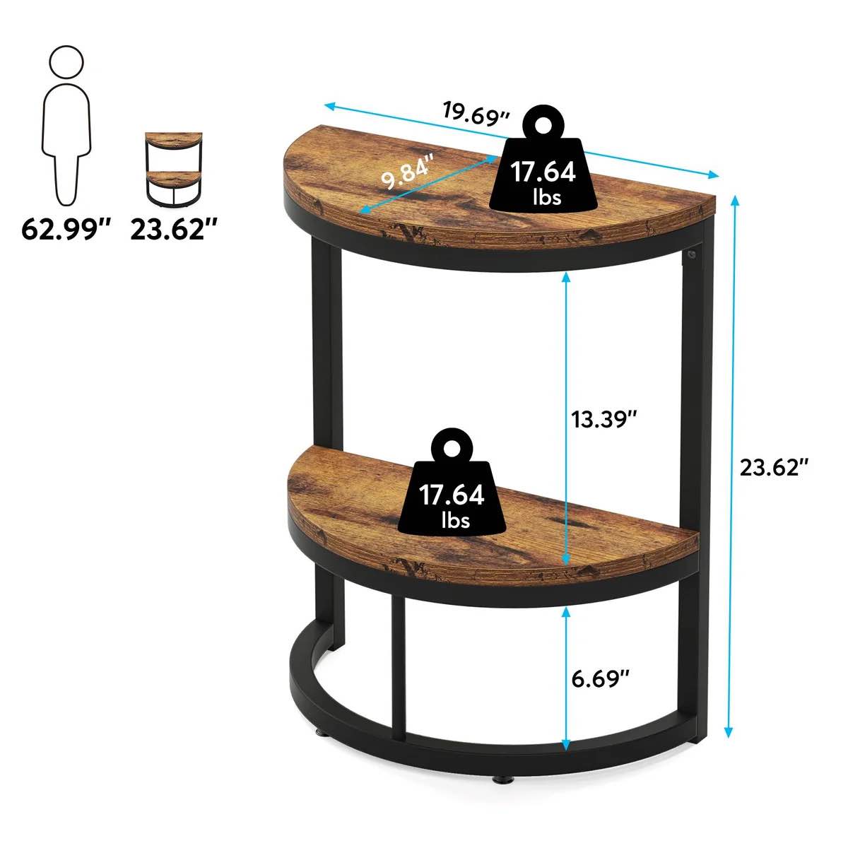 Condition photo showing New/Like New for half round end table, narrow side table with metal frame