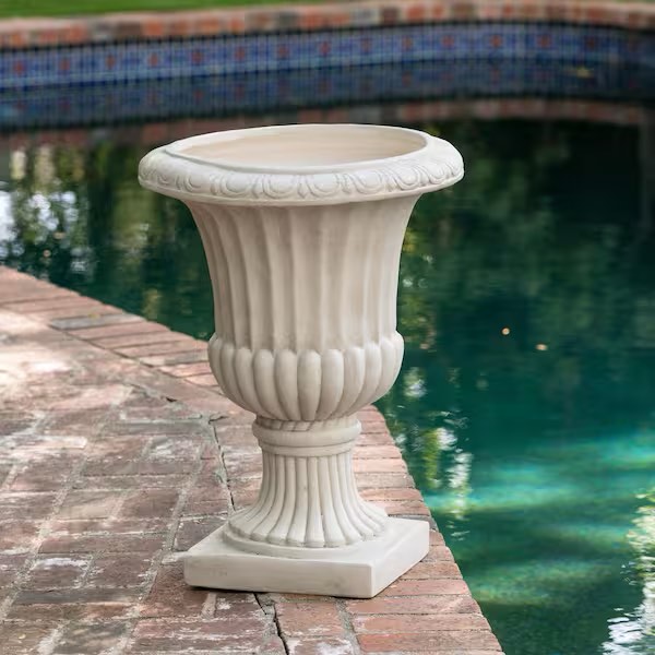 Condition photo showing New/Like New for outdoor patio flower pot, italian urn-shaped planter, vintage white, suitable for balconies, gardens, and backyards
