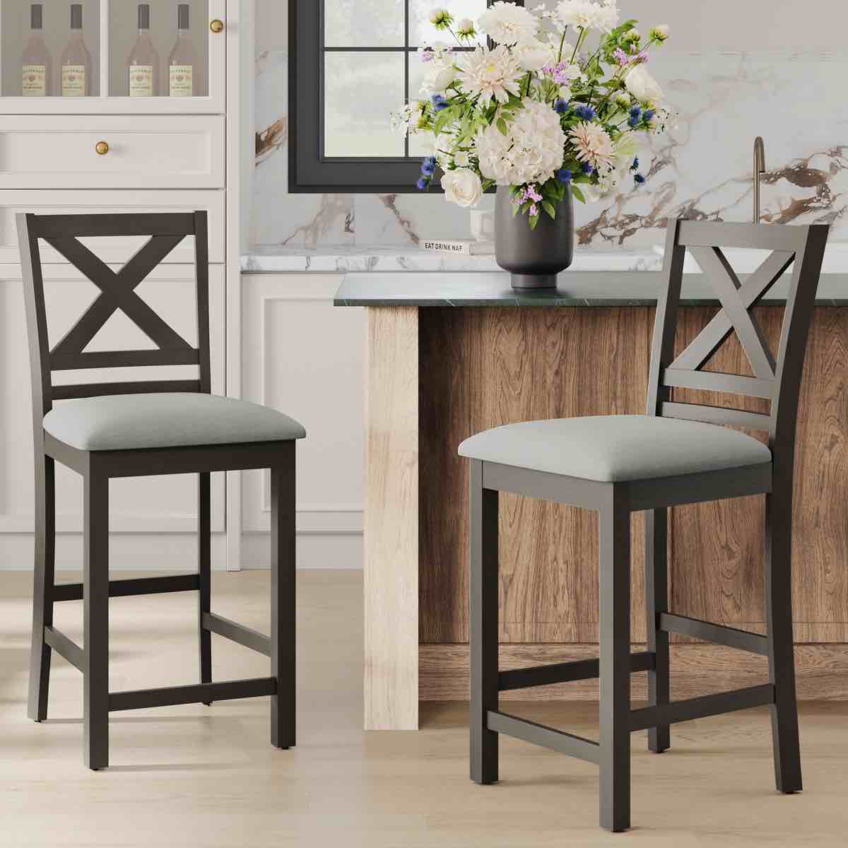 Condition photo showing New/Like New for fabiola 25'' x-back solid wood fabric upholstered bar & counter stool with footrest (set of 2)
