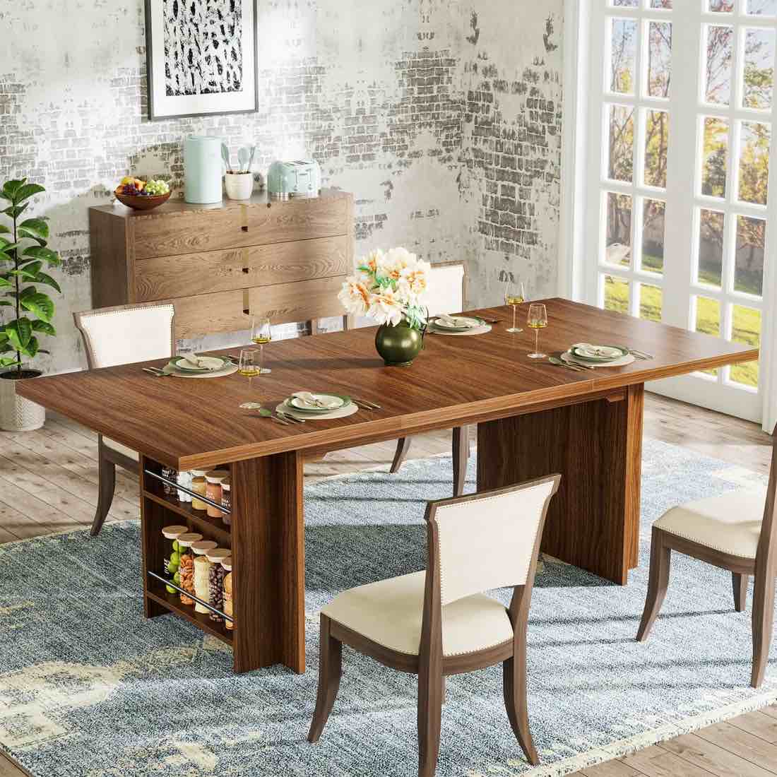 Condition photo showing New/Like New for 63" farmhouse dining table wooden kitchen table with shelves for 6 to 8