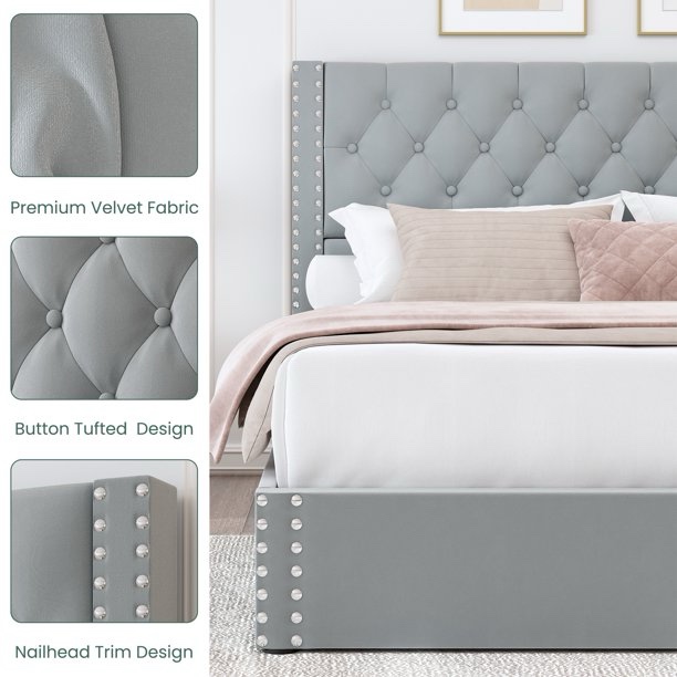 Condition photo showing New/Like New for breltam platform bed with 4 storage drawers, king size tufted bed with upholstered headboard, bluish gray