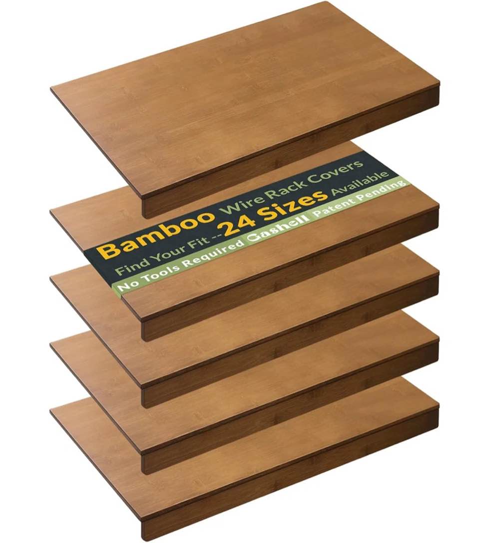 Condition photo showing New/Like New for bamboo wire shelf covers for pantry and closet, snap-on wire rack covers, no tools installation, durable and elegant finish for organized storage