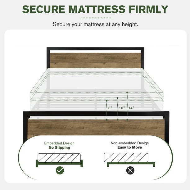 Condition photo showing New/Like New for full size metal platform bed frame with wooden headboard & footboard, brown