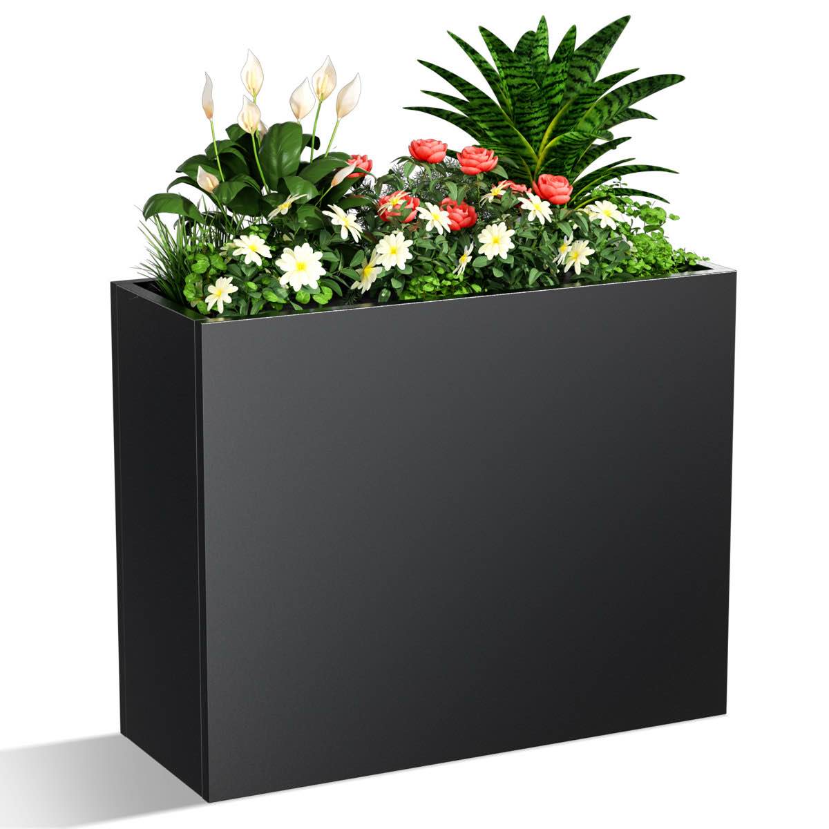 Condition photo showing New/Like New for metallic heavy long and large outdoor/indoor planter, rectangular trough planter box, 40pounds powder coating modern commercial residential for patio, deck, yard, garden