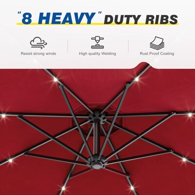 Condition photo showing New/Like New for 10ft led cantilever market patio umbrella with easy adjustment solution-dyed fabric 8 ribs for backyard red