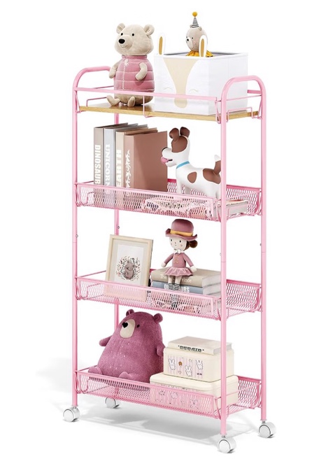 Condition photo showing New/Like New for kingrack 4-tier slim rolling cart, metal storage cart with wooden tabletop and mesh baskets for narrow space on kitchen bathroom laundry room bedroom apartments dormitory, pink