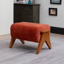 Condition photo showing New/Like New for solid wood chenille upholstered ottoman