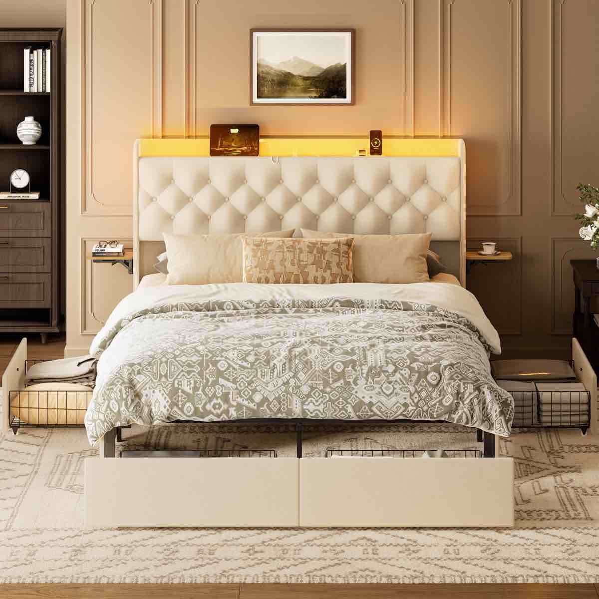Condition photo showing New/Like New for coba upholstered platform bed with storage drawers and charging station