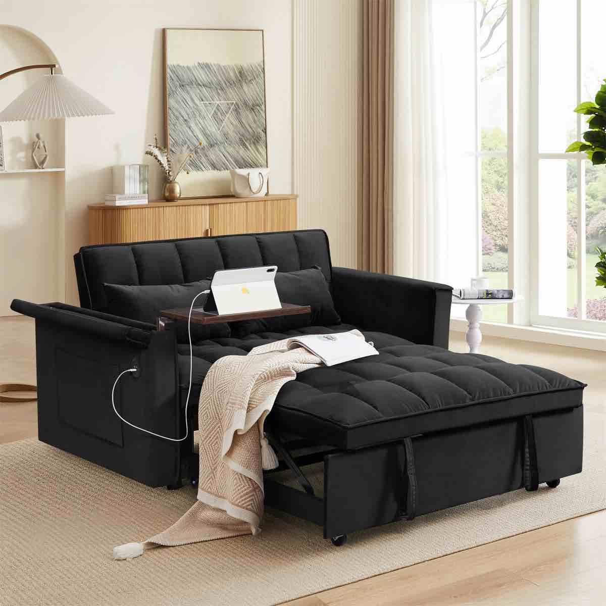 Condition photo showing New/Like New for 3-in-1 foldable sofa bed with adjustable back, usb desk, storage bag and pillows for living room and bedroom