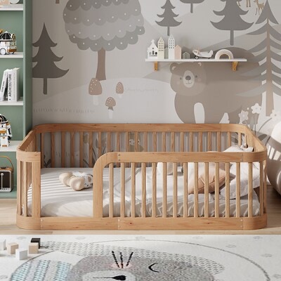 ModernLuxe Wood Full Size Wood Floor Bed Frame with Fence Natural