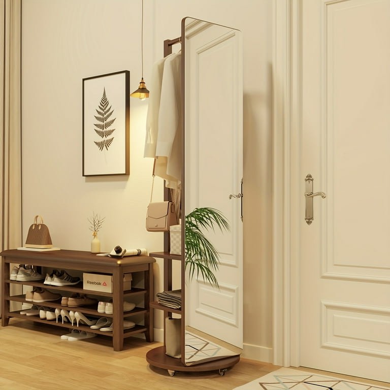 Full Length Mirror with Brake Wheels, 70"x16", Unique Solid Wood Oversized Floor Mirror with Coat Rack, Full Body Mirror for Bedroom, Living Room (Walnut)